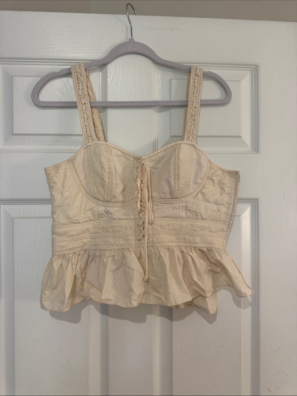 Ulla Johnson Cream Lace-Trim Bustier Peplum Top